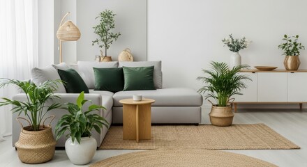 Modern living room with comfortable sectional sofa, green plants, and natural decor, bright and airy atmosphere