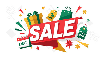 Festive December Sale Promotion Banner with Gift Boxes, Shopping Bags, and Stars. Announcing Big Discounts and Special Offers for Exciting Holiday Shopping and Seasonal Deals