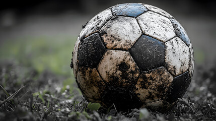 Dirty soccer ball on grass field close