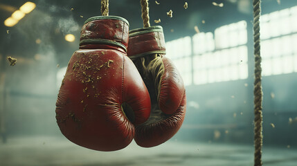 Pair of red boxing gloves hanging on ropes