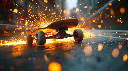 Skateboard with sparks on street surface