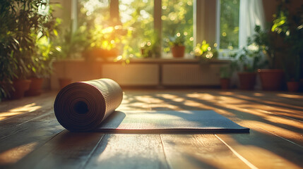 Yoga mat indoors on wooden floor