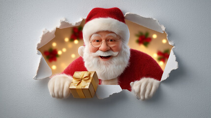 Santa Claus smiles joyfully while holding a gift, emerging through a torn wall. A festive background with lights and decorations enhances the holiday spirit