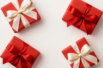 Elegant red presents with white and red satin ribbon bows