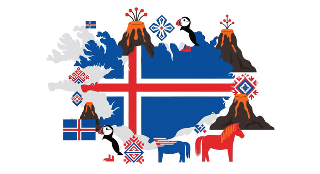 Explore stunning Iceland through vibrant iconic symbols like puffins, horses, volcanoes, and cultural patterns showcased on a colorful map perfect for travel and cultural projects