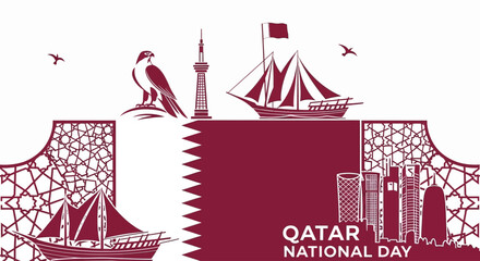 Celebrate Qatar National Day with elegant vector art featuring iconic landmarks, falcon, and dhow ships against a sophisticated geometric background, perfect for cultural promotions