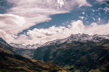 Panoramic view of the Swiss Alps near the municipality of Andermatt in autumn.