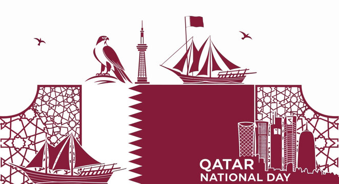 Celebrate Qatar National Day with elegant vector art featuring iconic landmarks, falcon, and dhow ships against a sophisticated geometric background, perfect for cultural promotions