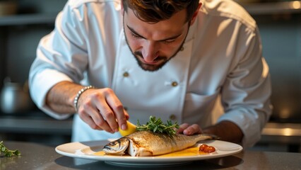 Male chef in white uniform garnishing whole grilled fish with lemon and fresh herbs in restaurant kitchen