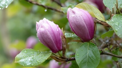 Two deep pink flower buds covered in fresh water droplets cling to a branch among glossy green leaves.