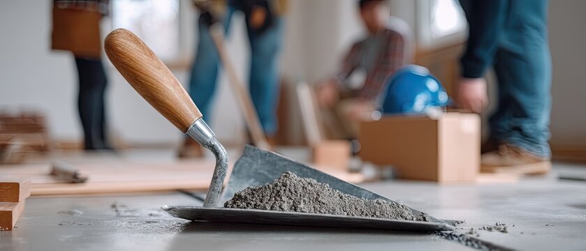 Cement trowel rests on the floor as workers pour cement at a construction site during the day and prepare for a new project - Powered by Adobe