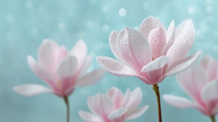 Obraz premium Several delicate pink blossoms are covered with clear droplets against a soft blue backdrop
