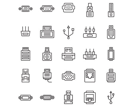 Computer Ports and Connectors Line Icons Technology Interface Graphic