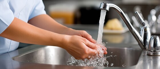 Hands in a kitchen sink washing under running water while practicing personal hygiene in a clean environment