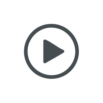Minimalist play button icon - gray triangle in circle for media, video, audio, web applications