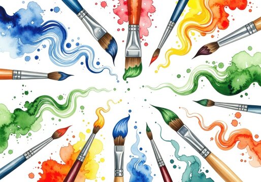 Artistic paintbrushes and vibrant watercolor splashes in a circular arrangement