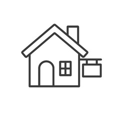 Thin line house with rental sign icon, black vector symbol representing property for rent, real-estate availability, and housing offers.