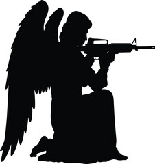 Kneeling Angel Warrior with Assault Rifle Silhouette Vector, Representing Spiritual Protection, War, Loyalty, Military, Justice, and Edgy Tactical Tattoo Design.