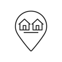 Thin line dual-house comparison icon inside triangle pin, black vector representing property comparison and real-estate decision tools.