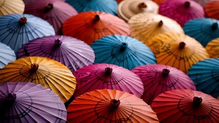 Chinese lunar new year Chunjie celebration concept. A closeup view of a vibrant array of colorful umbrellas, each with unique patterns and designs.