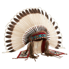 Native American Headdress With Feathers Beads and Tassels on White Background Traditional Tribal Headdress Sacred Regalia Cultural Artifact Front View