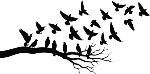 Flock of Birds Silhouettes Vector Illustration, Resting on a Bare Branch While Others Fly Away, Symbolizing Migration, Transition, Freedom, and Natural Harmony.