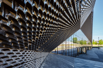 Close-up view of a striking modern architectural facade in Katowice, Poland