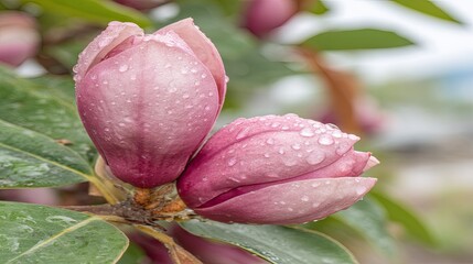 Fototapeta premium Two pink flower buds covered in fresh water droplets are ready to bloom outdoors