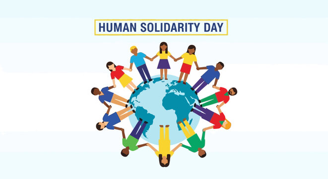 Celebrate Human Solidarity Day with people holding hands around the world, symbolizing unity and global cooperation for peace and prosperity, promoting cultural understanding and diversity