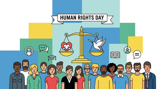 Celebrate Human Rights Day with Diverse Community Standing for Justice, Featuring Scales Balancing Love and Peace in Vibrant Colors, Ideal for Social Campaigns and Awareness Initiatives