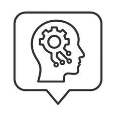 Thin line AI head icon inside square pin, black vector representing human–machine integration, intelligent algorithms, and neural computing.