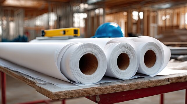 Construction plans and tools on table in workspace with blueprints, helmet, and level ready for building project
