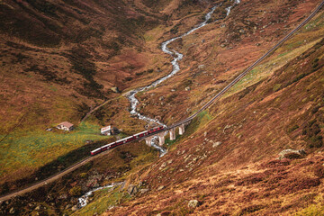 Panoramic view of the Furka mountain steam railway in Switzerland.
