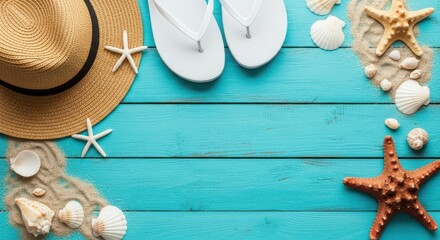 A flat lay of summer beach essentials including a straw hat, white flipflops, seashells, and starfish arranged on a vibrant turquoise wooden background, perfect for travel and vacation themes