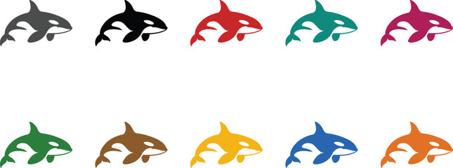 Ten orca whale silhouettes in different hues, Diverse colored killer whale illustrations