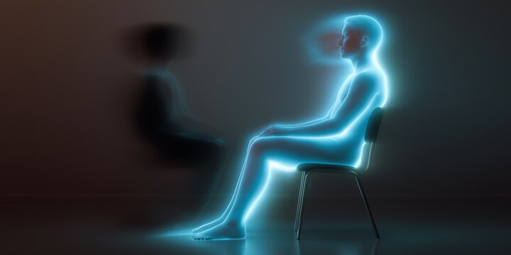 A conceptual image of a person sitting on a chair, with one figure glowing bright blue and the other a dark, blurred shadow. Symbolizes dualism, self-reflection, spiritual energy, and inner-self.