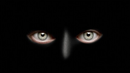 Close-up of luminous, pale grey-green human eyes staring directly out of a pure black abyss. A dramatic, high-contrast, and intense image symbolizing secrecy, fear, alertness, or the unknown.