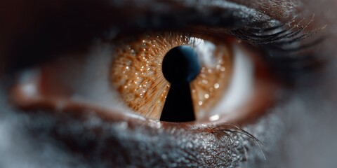 Extreme close-up of a human eye with a keyhole-shaped pupil, featuring rich amber iris texture, conveying concepts of secrecy, insight, and inner perspective.