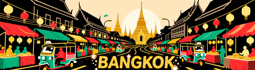 Bangkok market scene in vibrant vector silhouette style
