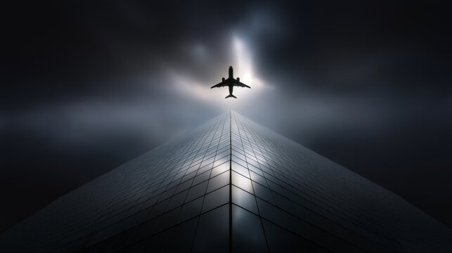 Dramatic, moody vertical shot of a commercial airplane silhouette flying directly over the sharply pointed top of a glass skyscraper at night or dusk, with strong light flares. - Powered by Adobe