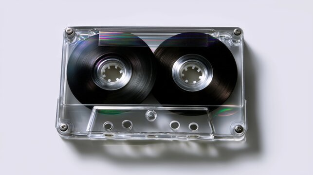 Bright, high-key studio shot of a vintage transparent compact cassette tape with visible black reels, symbolizing retro music, technology, and nostalgia.