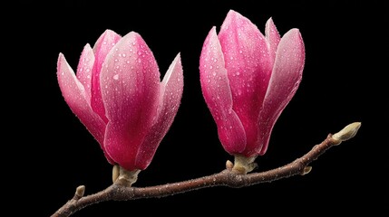 Fototapeta premium Two pink flower buds covered in fresh water droplets rest upon a dark brown branch against a solid black background.