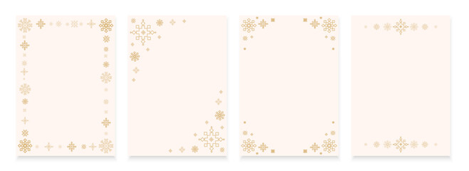 Elegant beige templates with gold snowflake bordersin a minimalist style , for holiday invitations, Christmas menus, winter themed greeting cards, event stationery, seasonal print.Vector illustration