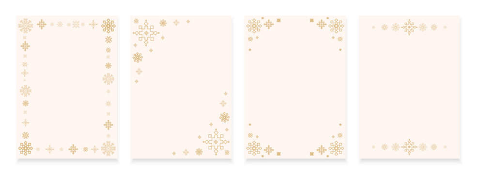Elegant beige templates with gold snowflake bordersin a minimalist style , for holiday invitations, Christmas menus, winter themed greeting cards, event stationery, seasonal print.Vector illustration