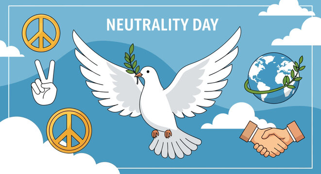 Promote global peace and harmony with this dove holding an olive branch illustration for Neutrality Day, celebrate international diplomacy and collaboration for a more peaceful world today - Powered by Adobe