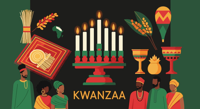 Vibrant Kwanzaa celebration with kinara candles and African cultural symbols, perfect for festive greeting cards and educational resources, promoting unity and heritage, celebrating traditions
