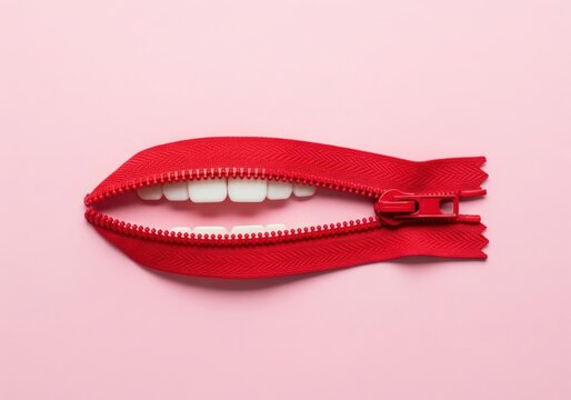 Red Zipper Shaped Like Lips on Pink Background &ndash; Minimalist Flat Lay Concept