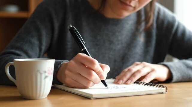 Close-up of a hand writing on a notebook page with a pen next to a ceramic cup.