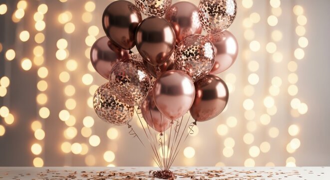 A bouquet of rose gold balloons with confetti and bokeh lights in the background, celebrating a special occasion - Powered by Adobe