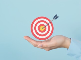 Hand Reaching Out to Target with Arrow Hit Center on Blue Background